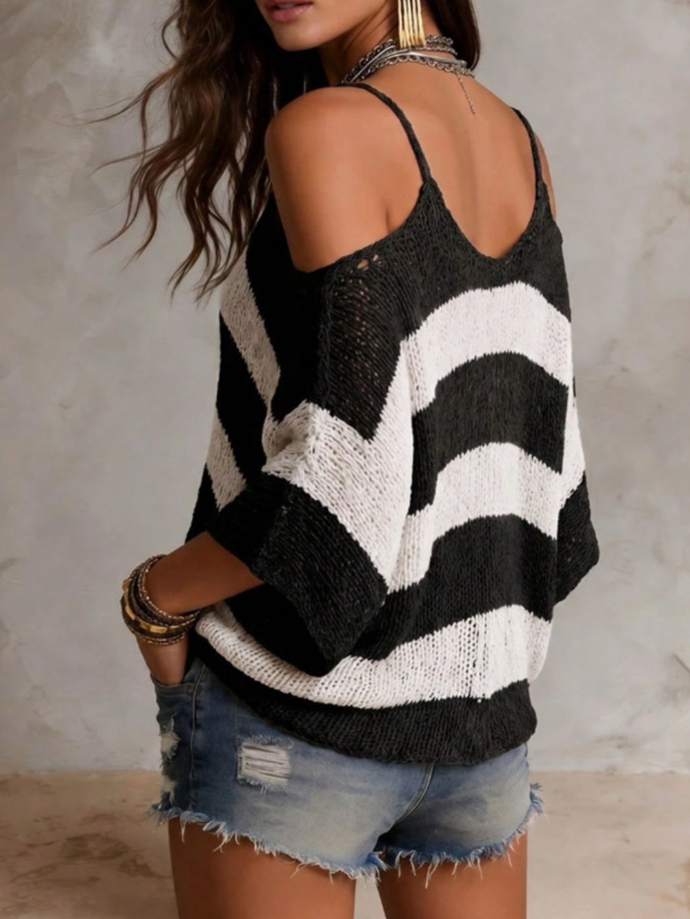 Striped Cold Shoulder Sweater - Picture 4 of 9